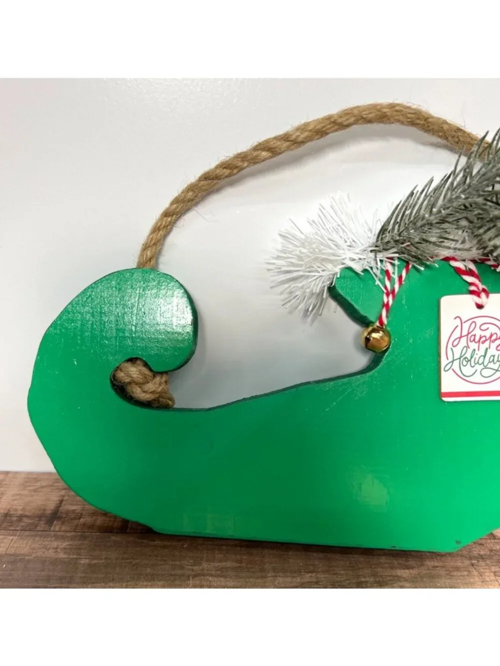 Handcrafted Green Wooden Elf Shoe Holiday Decor With Festive Embellishments